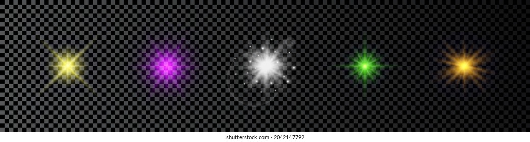 Light effect of lens flares. Set of five multicolor glowing lights starburst effects with sparkles on a dark transparent background. Vector illustration