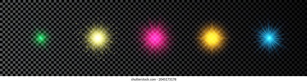 Light effect of lens flares. Set of five multicolor glowing lights starburst effects with sparkles on a dark transparent background. Vector illustration