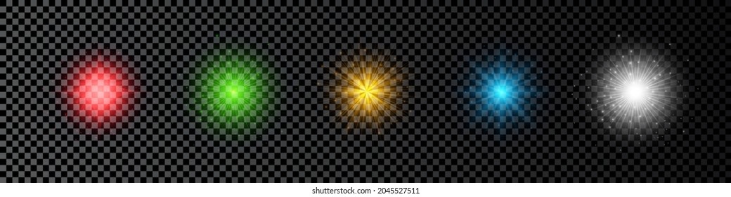 Efecto luminoso de las bengalas de la lente. Conjunto de cinco luces multicolor brillantes efecto de arranque con destellos sobre un fondo transparente oscuro. Ilustración del vector