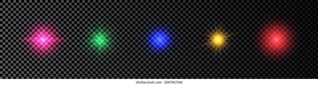 Light effect of lens flares. Set of five multicolor glowing lights starburst effects with sparkles on a dark transparent background. Vector illustration