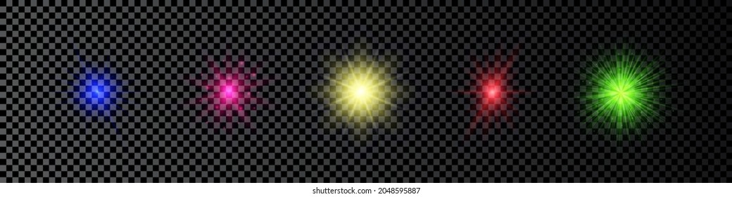 Light effect of lens flares. Set of five multicolor glowing lights starburst effects with sparkles on a dark transparent background. Vector illustration