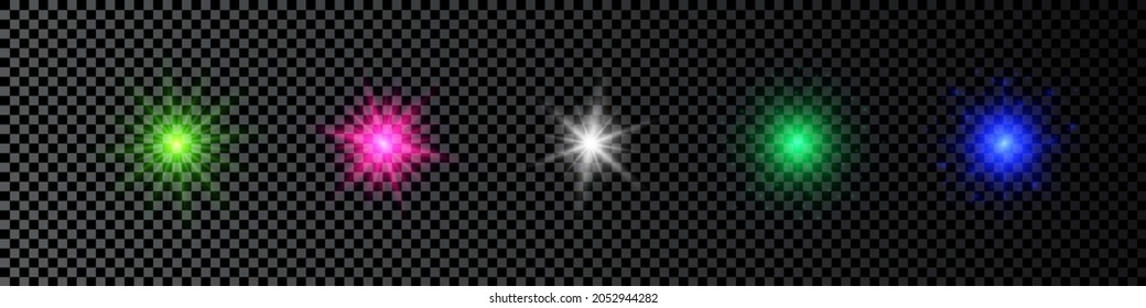 Light effect of lens flares. Set of five multicolor glowing lights starburst effects with sparkles on a dark transparent background. Vector illustration
