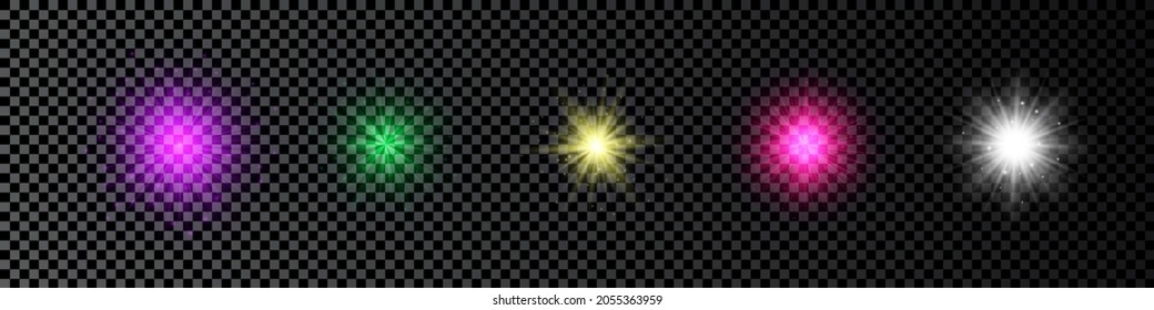 Light effect of lens flares. Set of five multicolor glowing lights starburst effects with sparkles on a dark transparent background. Vector illustration