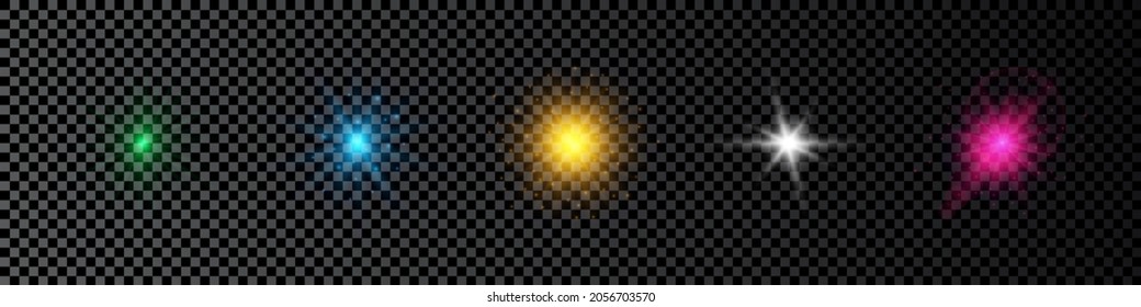 Light effect of lens flares. Set of five multicolor glowing lights starburst effects with sparkles on a dark transparent background. Vector illustration