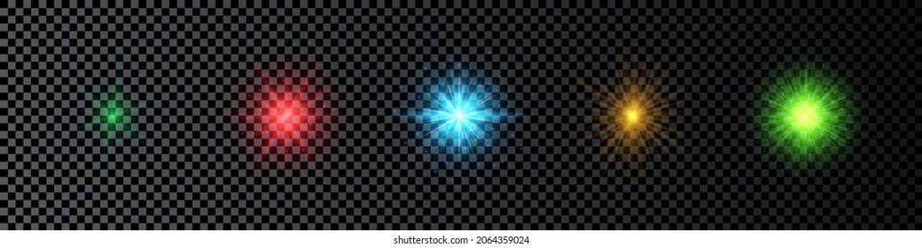 Light effect of lens flares. Set of five multicolor glowing lights starburst effects with sparkles on a dark transparent background. Vector illustration