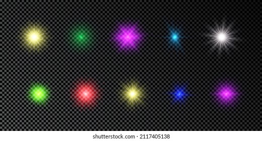 Efecto luminoso de las bengalas de la lente. Conjunto de luces multicolor brillantes efecto de arranque con destellos sobre un fondo transparente oscuro. Ilustración del vector