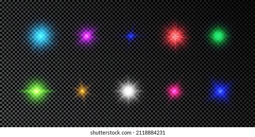Light effect of lens flares. Set of multicolor glowing lights starburst effects with sparkles on a dark transparent background. Vector illustration
