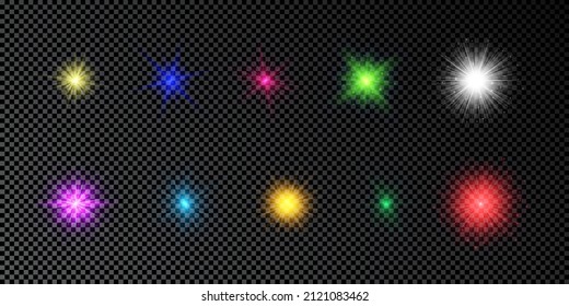 Light effect of lens flares. Set of multicolor glowing lights starburst effects with sparkles on a dark transparent background. Vector illustration