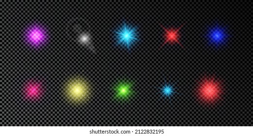 Light effect of lens flares. Set of multicolor glowing lights starburst effects with sparkles on a dark transparent background. Vector illustration