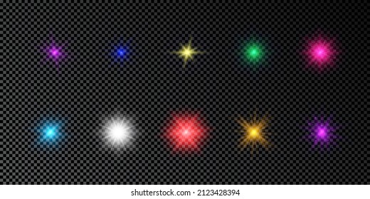 Light effect of lens flares. Set of multicolor glowing lights starburst effects with sparkles on a dark transparent background. Vector illustration