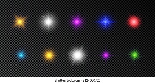 Light effect of lens flares. Set of multicolor glowing lights starburst effects with sparkles on a dark transparent background. Vector illustration