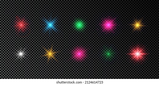 Light effect of lens flares. Set of multicolor glowing lights starburst effects with sparkles on a dark transparent background. Vector illustration