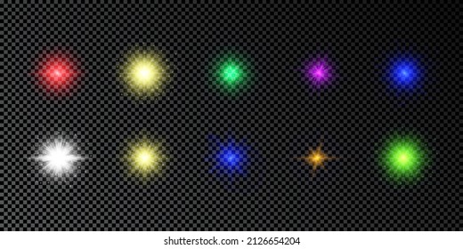 Light effect of lens flares. Set of multicolor glowing lights starburst effects with sparkles on a dark transparent background. Vector illustration