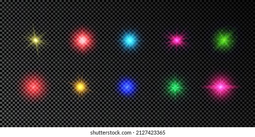 Light effect of lens flares. Set of multicolor glowing lights starburst effects with sparkles on a dark transparent background. Vector illustration