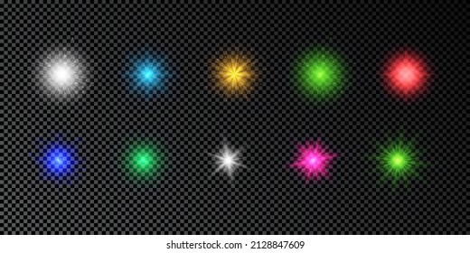 Light effect of lens flares. Set of multicolor glowing lights starburst effects with sparkles on a dark transparent background. Vector illustration