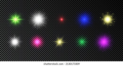 Light effect of lens flares. Set of multicolor glowing lights starburst effects with sparkles on a dark transparent background. Vector illustration