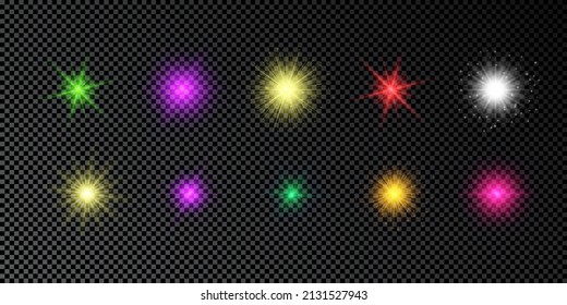 Light effect of lens flares. Set of multicolor glowing lights starburst effects with sparkles on a dark transparent background. Vector illustration
