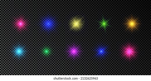 Efecto luminoso de las bengalas de la lente. Conjunto de luces multicolor brillantes efecto de arranque con destellos sobre un fondo transparente oscuro. Ilustración del vector