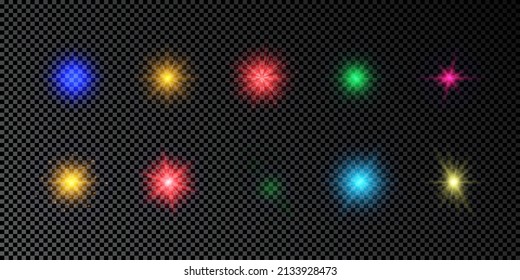 Light effect of lens flares. Set of multicolor glowing lights starburst effects with sparkles on a dark transparent background. Vector illustration