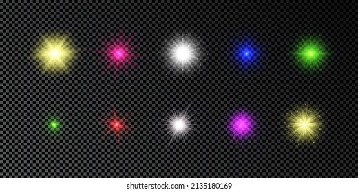 Light effect of lens flares. Set of multicolor glowing lights starburst effects with sparkles on a dark transparent background. Vector illustration