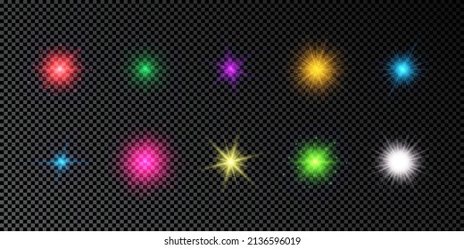 Efecto luminoso de las bengalas de la lente. Conjunto de luces multicolor brillantes efecto de arranque con destellos sobre un fondo transparente oscuro. Ilustración del vector