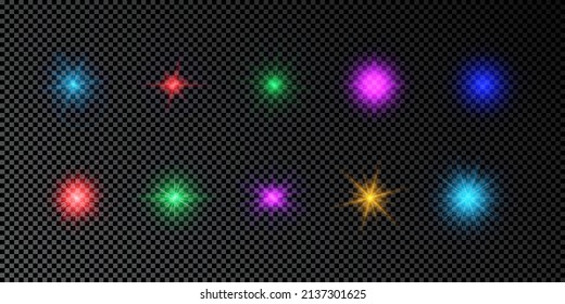 Efecto luminoso de las bengalas de la lente. Conjunto de luces multicolor brillantes efecto de arranque con destellos sobre un fondo transparente oscuro. Ilustración del vector