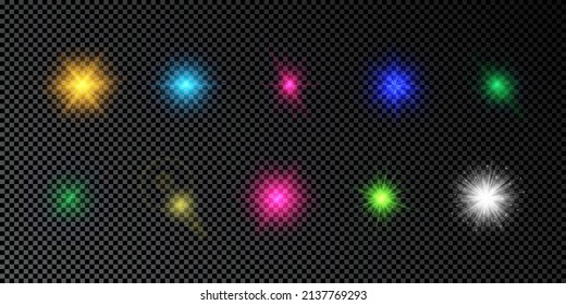 Light effect of lens flares. Set of multicolor glowing lights starburst effects with sparkles on a dark transparent background. Vector illustration