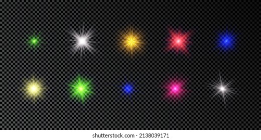 Light effect of lens flares. Set of multicolor glowing lights starburst effects with sparkles on a dark transparent background. Vector illustration