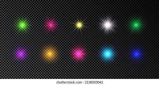 Light effect of lens flares. Set of multicolor glowing lights starburst effects with sparkles on a dark transparent background. Vector illustration