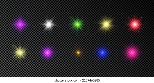 Lichteffekt der Linsenfackel. Eine Reihe von mehrfarbigen, leuchtenden Lichtern, die auf dunkeltransparentem Hintergrund funkeln. Vektorgrafik