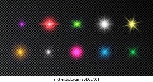 Light effect of lens flares. Set of multicolor glowing lights starburst effects with sparkles on a dark transparent background. Vector illustration