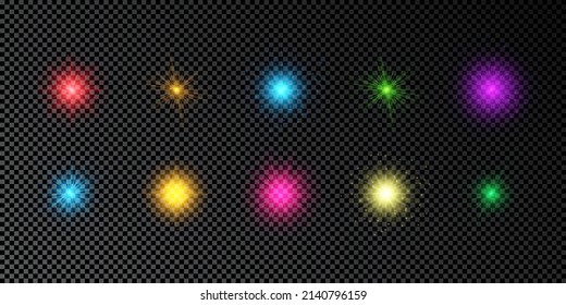 Light effect of lens flares. Set of multicolor glowing lights starburst effects with sparkles on a dark transparent background. Vector illustration