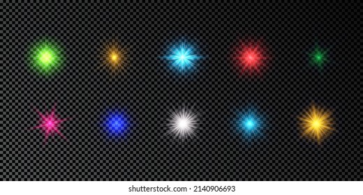 Light effect of lens flares. Set of multicolor glowing lights starburst effects with sparkles on a dark transparent background. Vector illustration