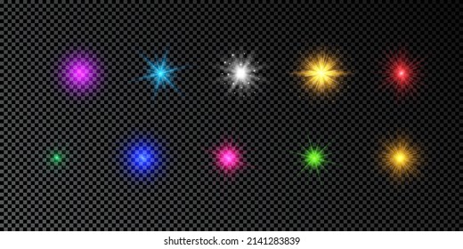 Light effect of lens flares. Set of multicolor glowing lights starburst effects with sparkles on a dark transparent background. Vector illustration