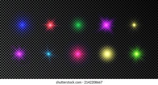 Light effect of lens flares. Set of multicolor glowing lights starburst effects with sparkles on a dark transparent background. Vector illustration