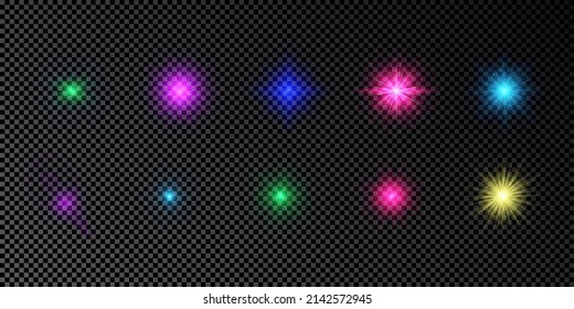 Light effect of lens flares. Set of multicolor glowing lights starburst effects with sparkles on a dark transparent background. Vector illustration