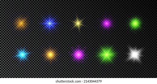 Light effect of lens flares. Set of multicolor glowing lights starburst effects with sparkles on a dark transparent background. Vector illustration