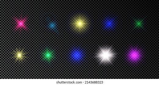 Efecto luminoso de las bengalas de la lente. Conjunto de luces multicolor brillantes efecto de arranque con destellos sobre un fondo transparente oscuro. Ilustración del vector