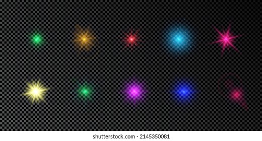 Efecto luminoso de las bengalas de la lente. Conjunto de luces multicolor brillantes efecto de arranque con destellos sobre un fondo transparente oscuro. Ilustración del vector
