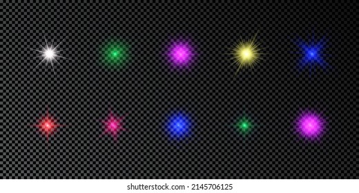 Light effect of lens flares. Set of multicolor glowing lights starburst effects with sparkles on a dark transparent background. Vector illustration