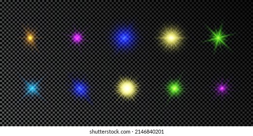 Light effect of lens flares. Set of multicolor glowing lights starburst effects with sparkles on a dark transparent background. Vector illustration