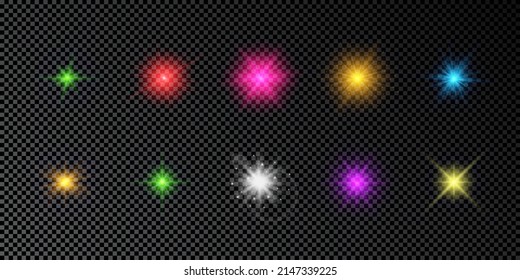 Light effect of lens flares. Set of multicolor glowing lights starburst effects with sparkles on a dark transparent background. Vector illustration