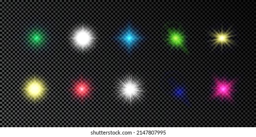 Light effect of lens flares. Set of multicolor glowing lights starburst effects with sparkles on a dark transparent background. Vector illustration