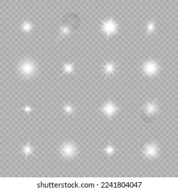 Light effect of lens flares. Set of sixteen white glowing lights starburst effects with sparkles on a grey transparent background. Vector illustration