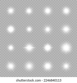Lichteffekt der Linsenfackel. Eine Reihe von sechzehn weißen Lichtern, die blasen, strahlen auf grauem, transparentem Hintergrund. Vektorgrafik