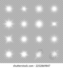 Light effect of lens flares. Set of sixteen white glowing lights starburst effects with sparkles on a grey transparent background. Vector illustration