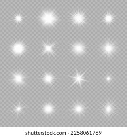 Light effect of lens flares. Set of sixteen white glowing lights starburst effects with sparkles on a grey transparent background. Vector illustration