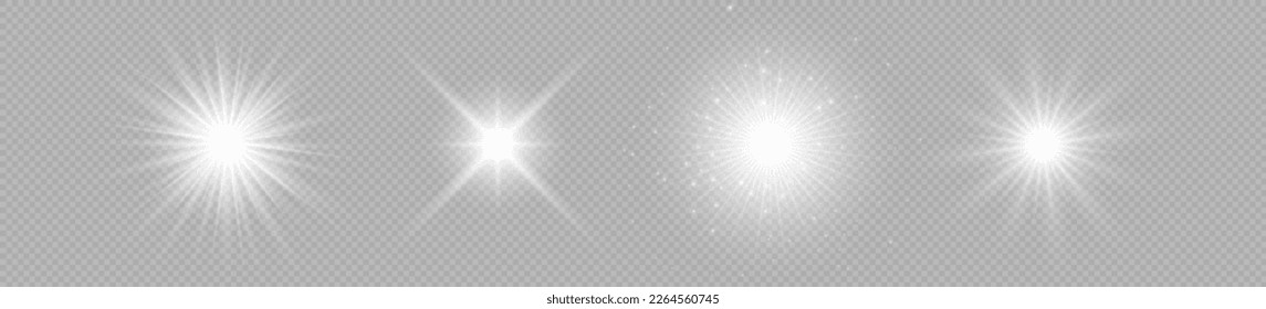 Light effect of lens flares. Set of four white glowing lights starburst effects with sparkles on a grey transparent background. Vector illustration