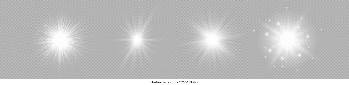 Light effect of lens flares. Set of four white glowing lights starburst effects with sparkles on a grey transparent background. Vector illustration