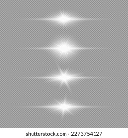 Effet de lumière des éruptions de lentilles. Ensemble de quatre effets d'éclatement de lumière horizontaux blanc brillant avec des étincelles sur fond gris transparent. Illustration vectorielle